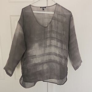 Eileen Fisher 100% Silk Gray Flowy Sheer Oversized Top Blouse Small